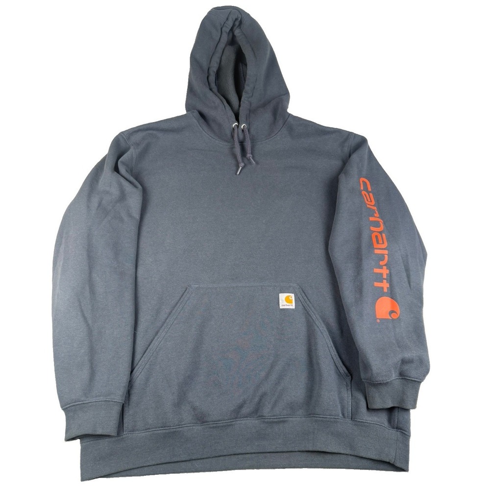 Carhartt Mens XL Loose Fit Hoodie Gray Orange Sleeve Logo Pullover Sweatshirt